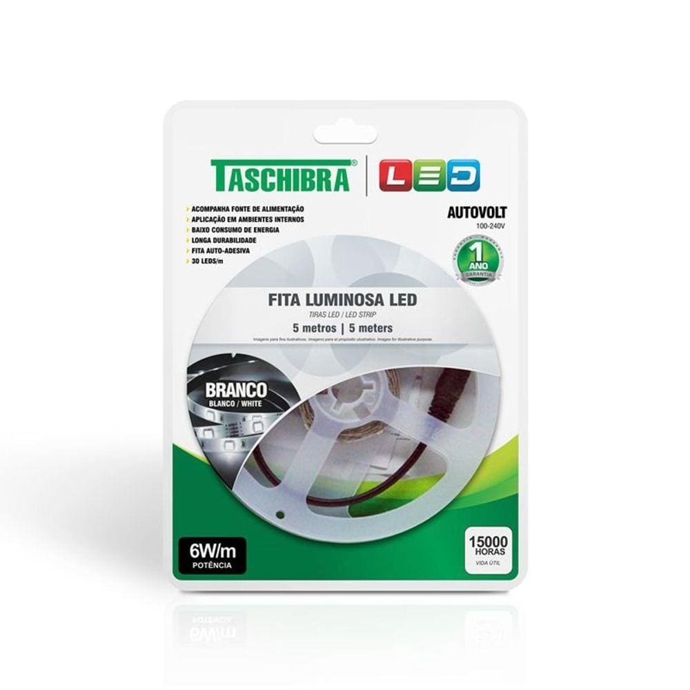 Fita de Led Taschibra com 5 metros 6W Bivolt 6500K Luz Branca
