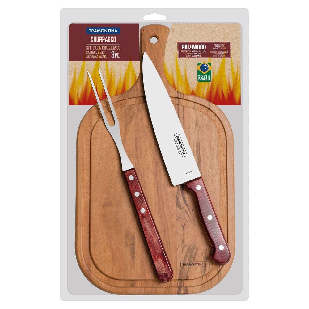 Kit para Churrasco Tramontina em Aço Inox e Cabo Vermelho Polywood com Tábua de Madeira 3 Peças Tramontina