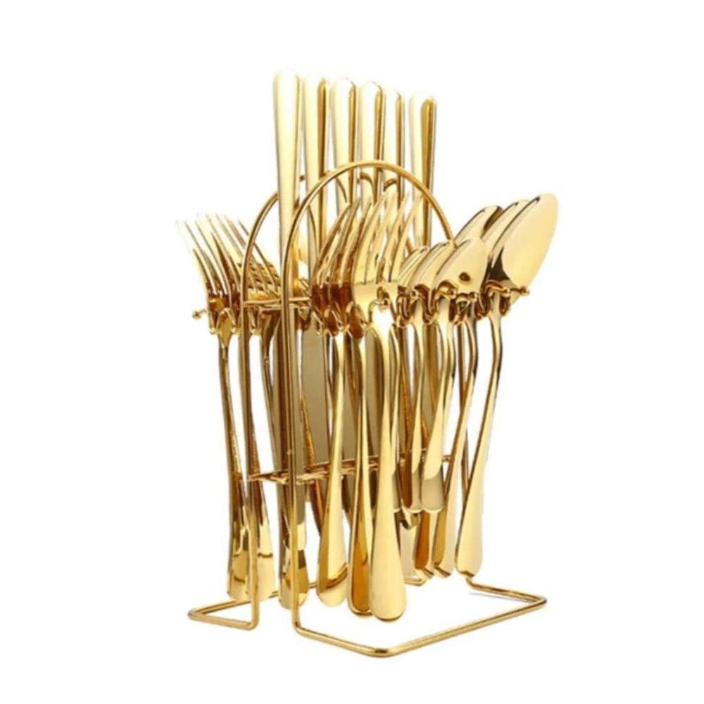 Faqueiro 24 Peças Aço Inox Dourado Com Suporte