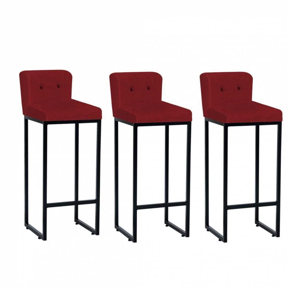 Kit 03 Banqueta Alta Preto Botão Preto Vermelho