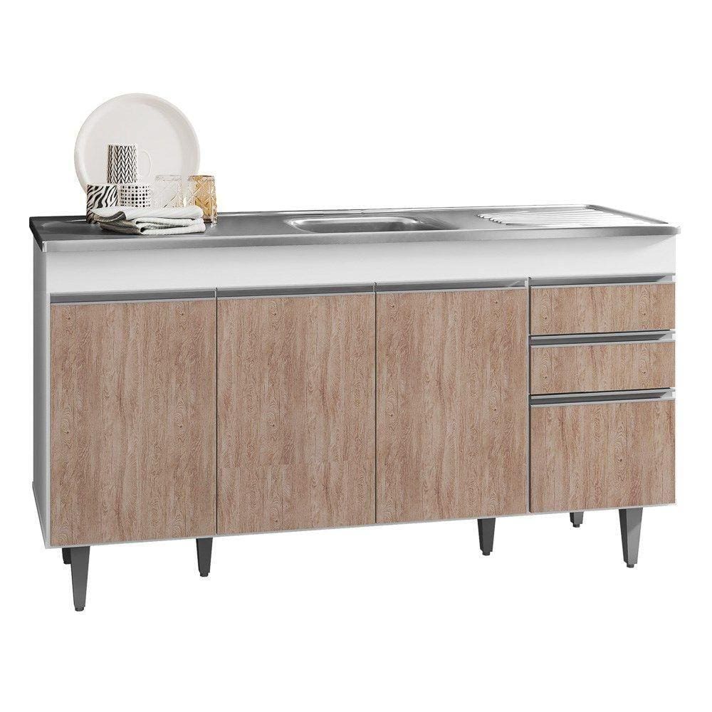 Balcão Gabinete com Pia Inox 150cm 4 Portas 2 Gavetas Branco