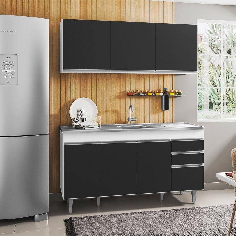Armário Aéreo e Balcão Gabinete com Pia Inox 150cm Branco