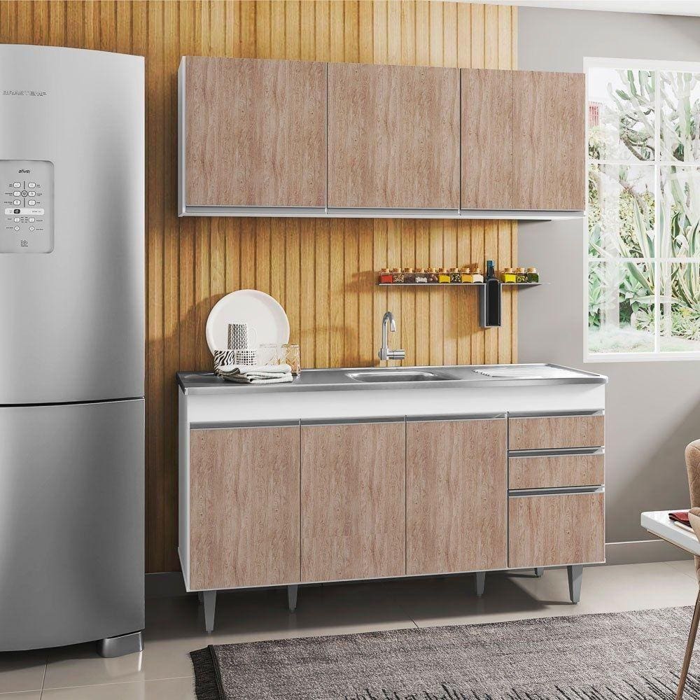 Armário Aéreo e Balcão Gabinete com Pia Inox 150cm Branco