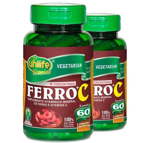 Kit 2 Ferro Com Vitamina C 60 Cápsulas Unilife Extra