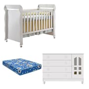 Berço Americano Mirelle e Cômoda Infantil Gran Selena Branco Brilho com Colchão Ortobom  - Carolina