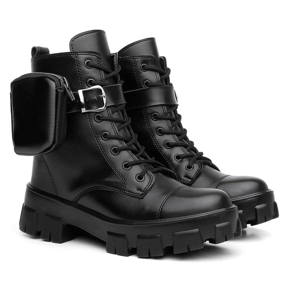 Bota Coturno Feminino Tratorado Militar Com Bolsinha Lateral Removivel