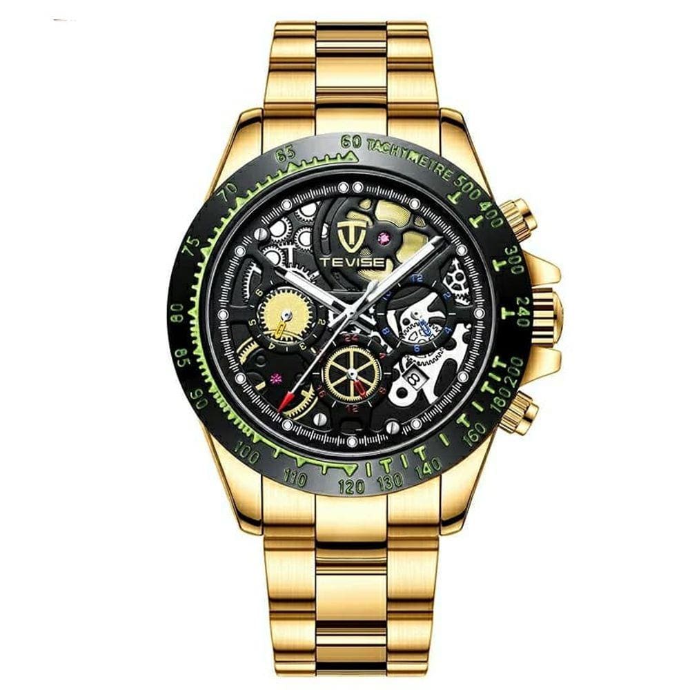 Relógio masculino automático tevise 863 dourado colorido todo funcional inox fundo transparente