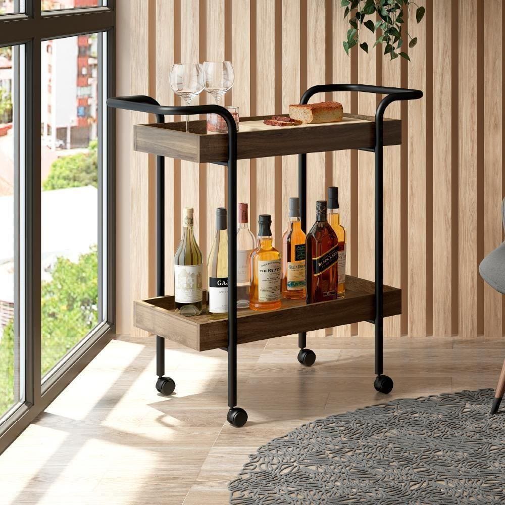 Carrinho Bar Madeirado Tubos Pretos