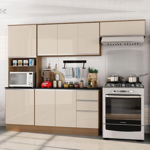 Armário de Cozinha Completa Paris 8 Portas 3 Gavetas Carvalho / Off White Menor preço em Armário de Cozinha Completa Paris 8 Portas 3 Gavetas Carvalho / Off White