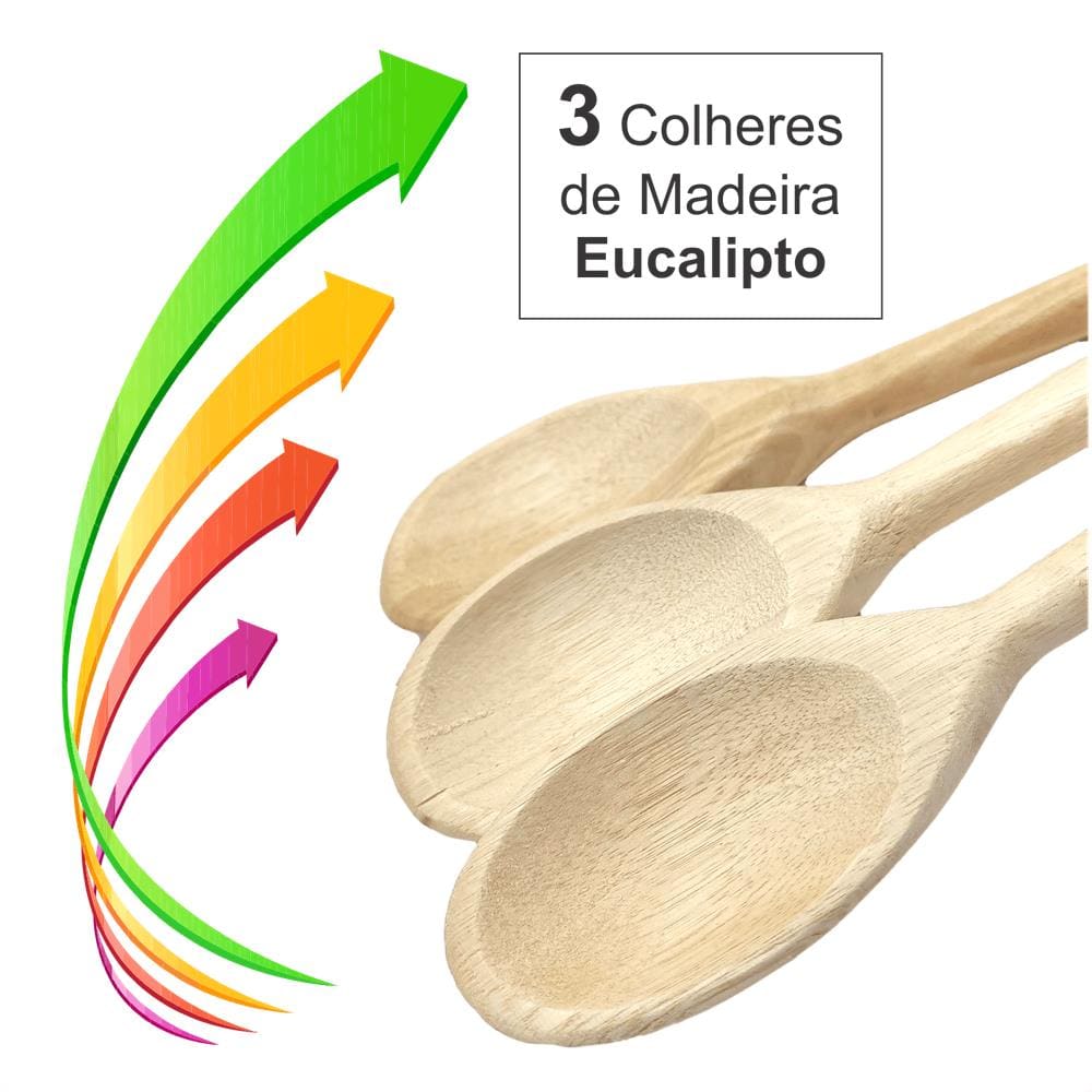 Jogo de Colheres de Madeira Cozinha 3 Tamanhos Colher de Pau Multiuso