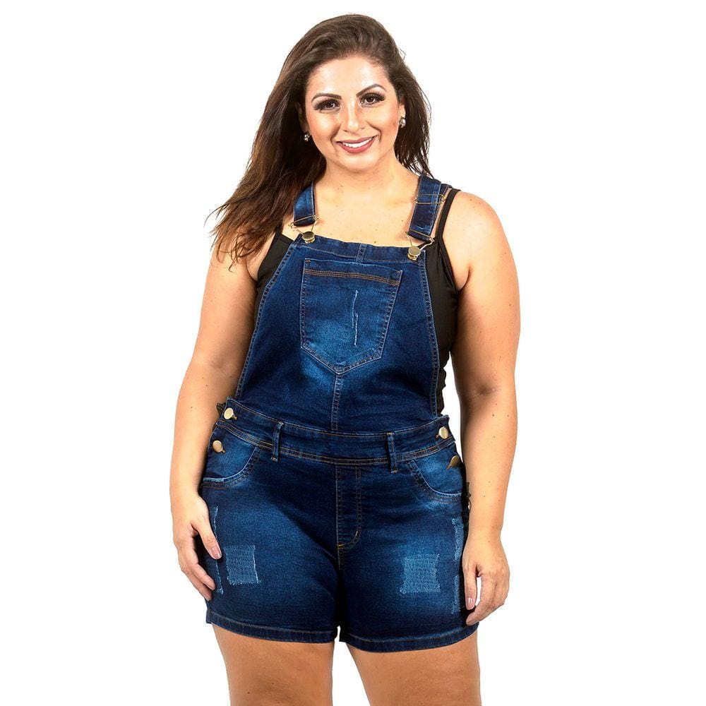 Jardineira Jeans Curta Destroyed Azul e Preta Plus Size