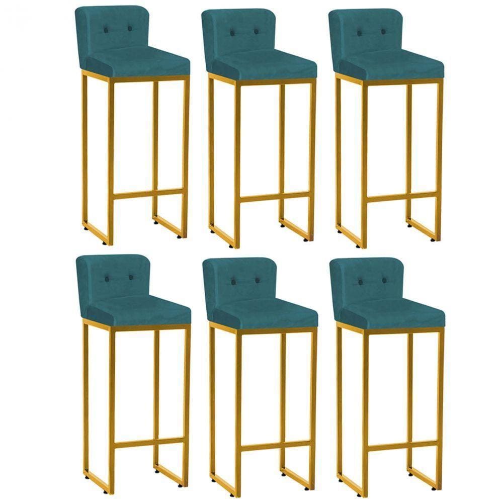 Kit 06 Banqueta Alta Ferro Dourado Botão Azul Turquesa