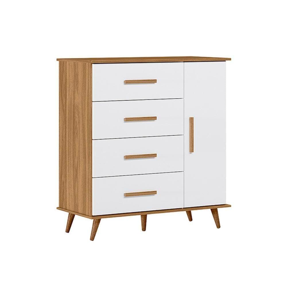 Cômoda Retrô Noah 4 Gavetas 1 Porta Nature Branco Acetinado