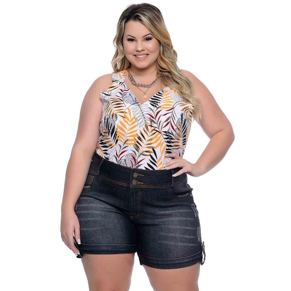 Short Jeans Preto e Azul Plus Size Bermuda Destroyed