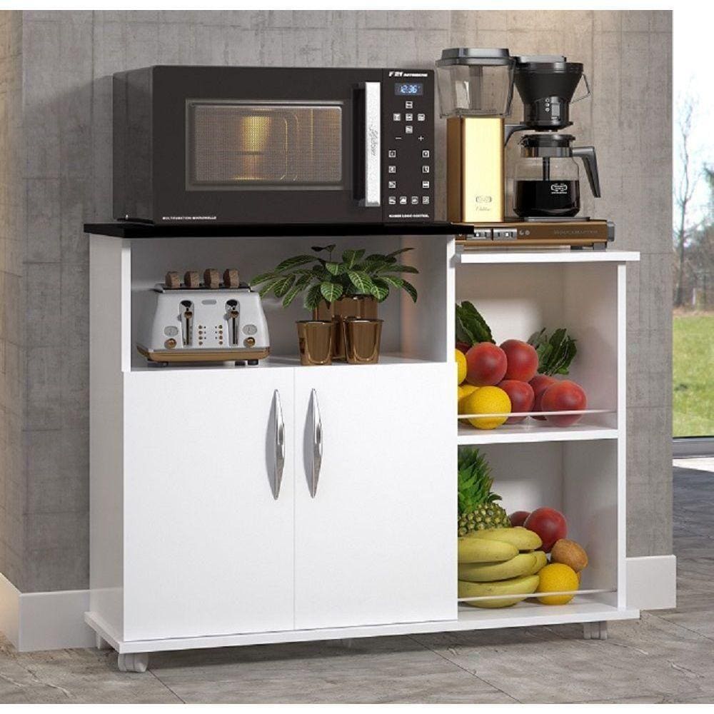 Fruteira Armário Cozinha Branco e Preto 2 Portas com Rodinha