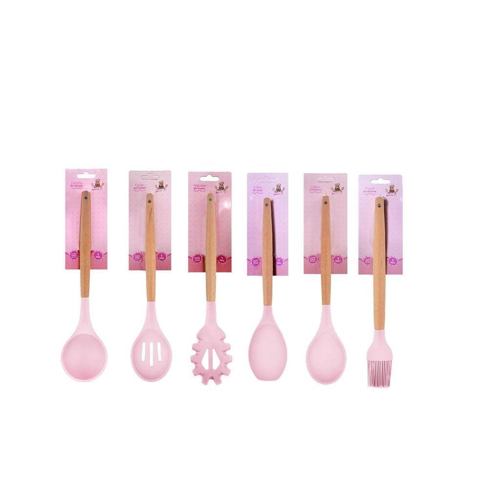 Kit Utensílios De Cozinha Colher Silicone Cabo Bambu Madeira