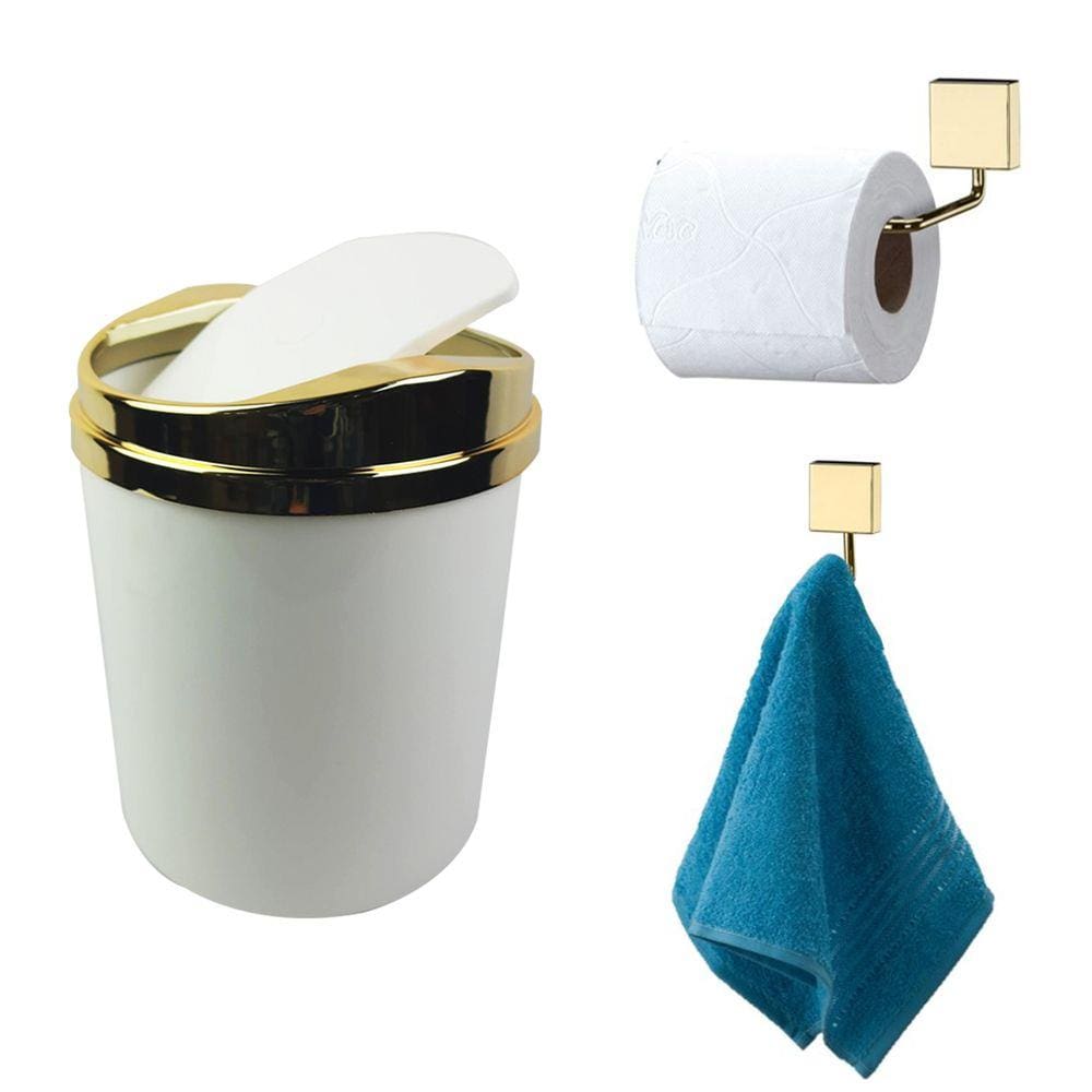 Kit 3 Peças Banheiro Lixeira + Papeleira + Cabide Toalha Dourado - Future