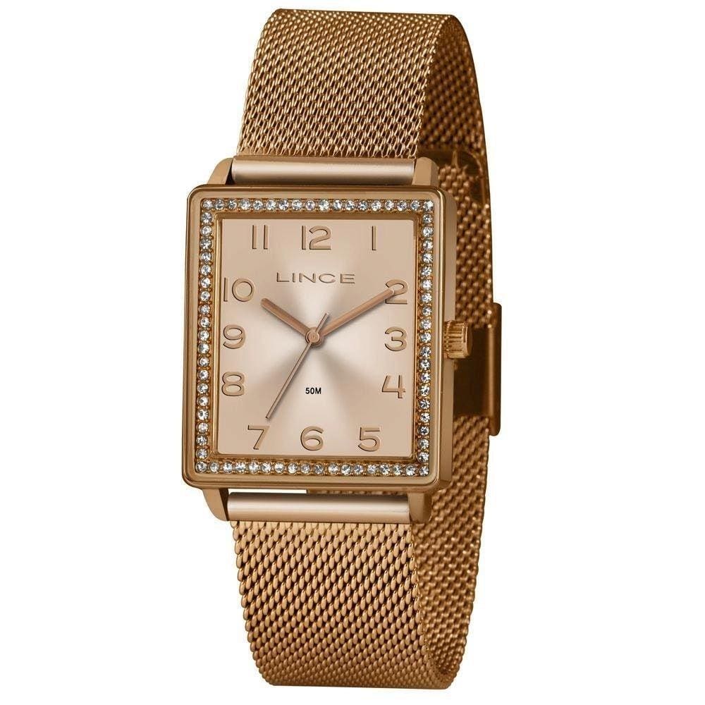 Relógio Feminino Rose Quadrado Lince Com Pedras Ponteiro+Nf