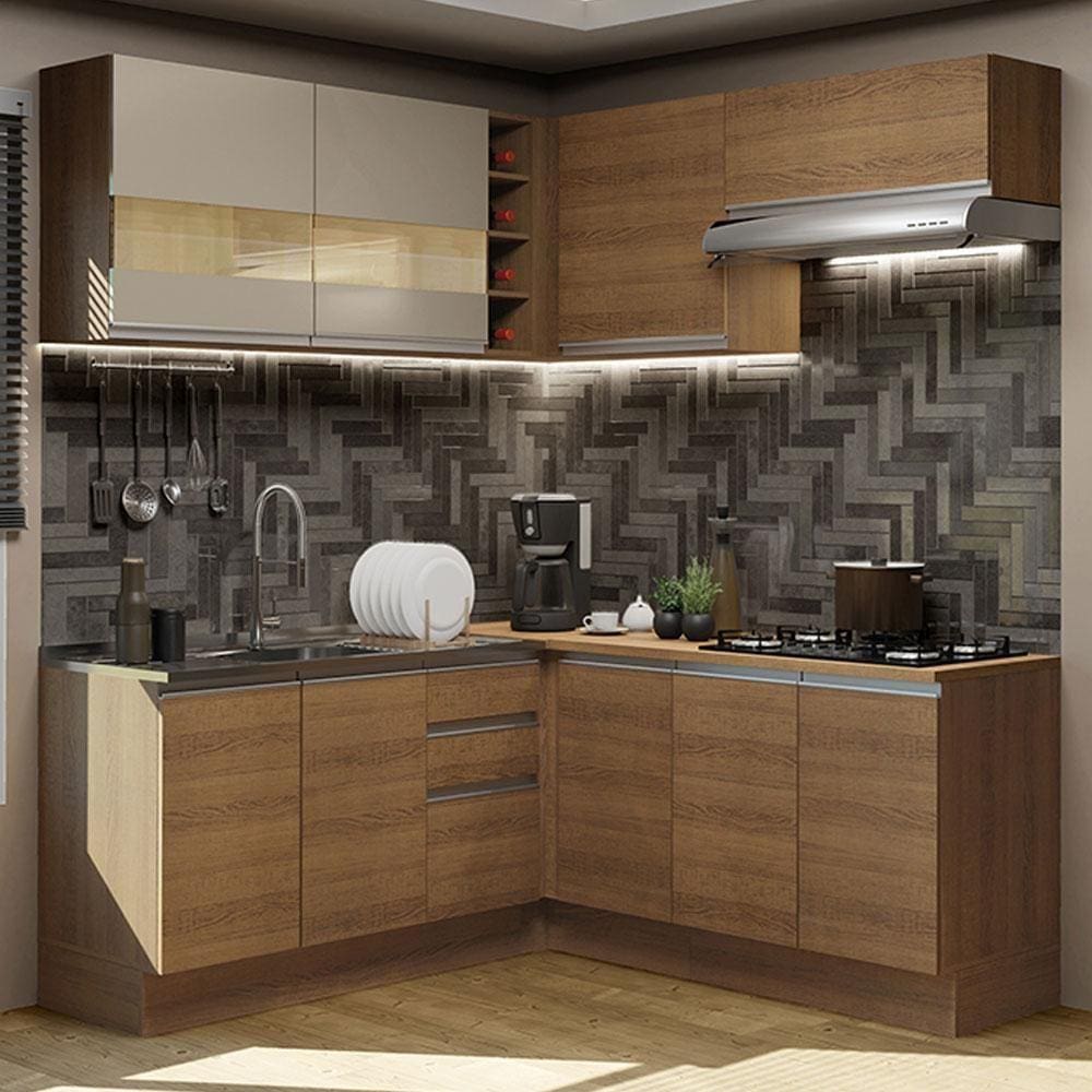 Cozinha Completa de Canto Madesa Glamy 349001 com Armário e Balcão (Sem Tampo) - Rustic/Rustic/Crema