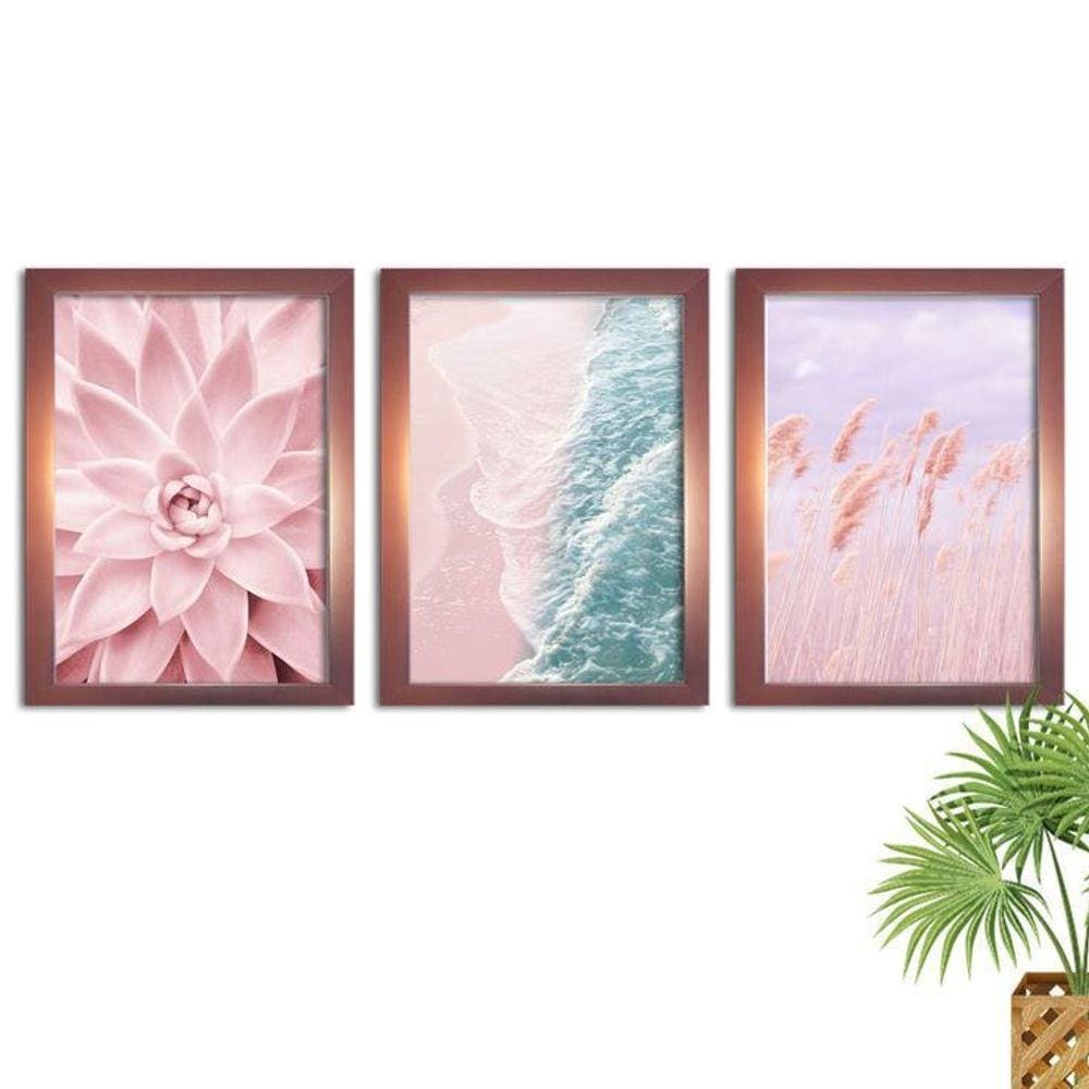 Kit 3 Quadros Decorativos Com Moldura Rose Mar Rosa
