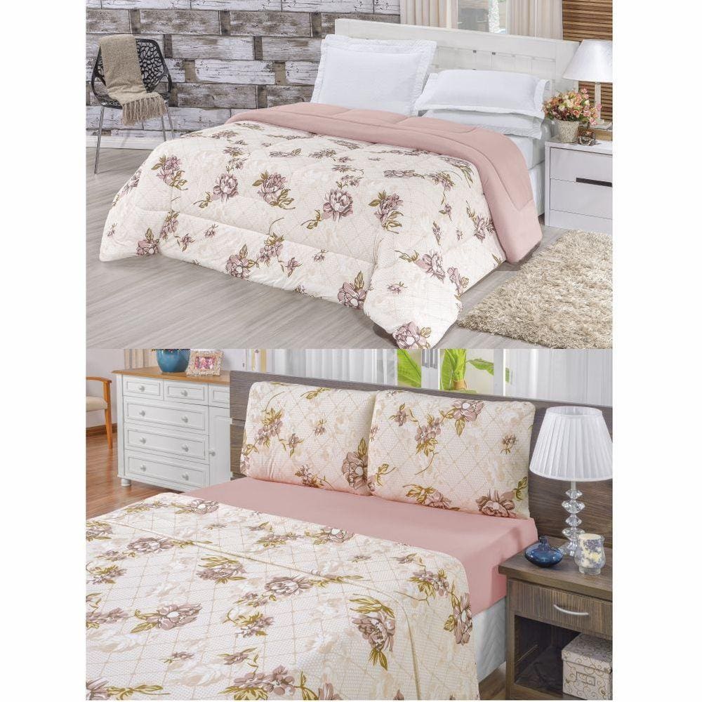 Kit Edredom Malha 100% Algodão King Dupla Face 7 Peças + Lençol - Rosê