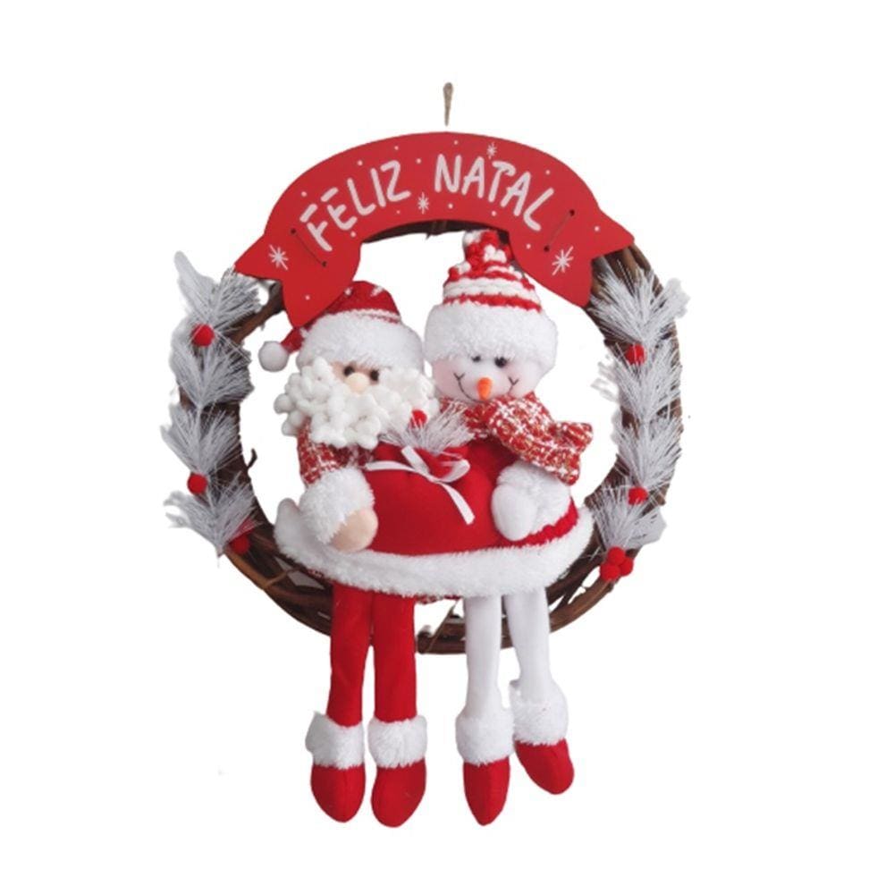 Guirlanda de Natal Sisal com Papai Noel e Boneco de Neve