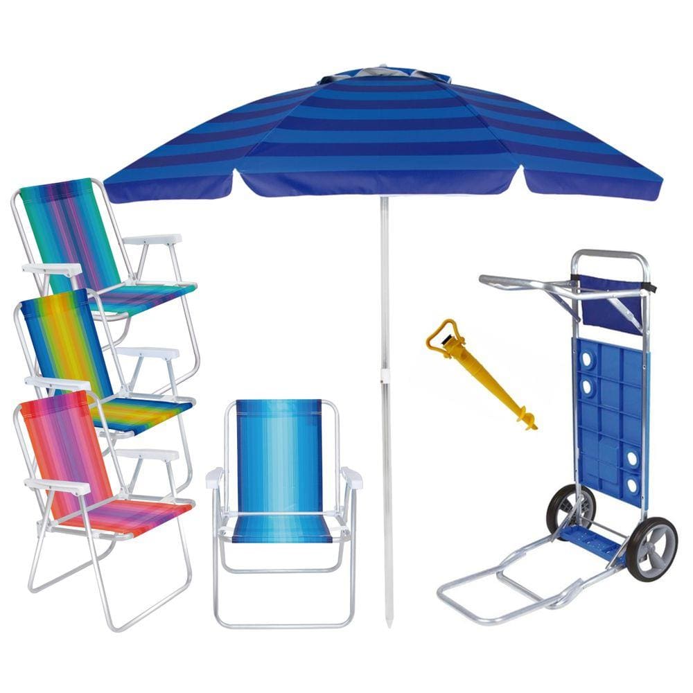 Kit Praia Carrinho Com Avanço + 4 Cadeira Alumínio Alta + Guarda Sol 2m + Saca Areia - Mor