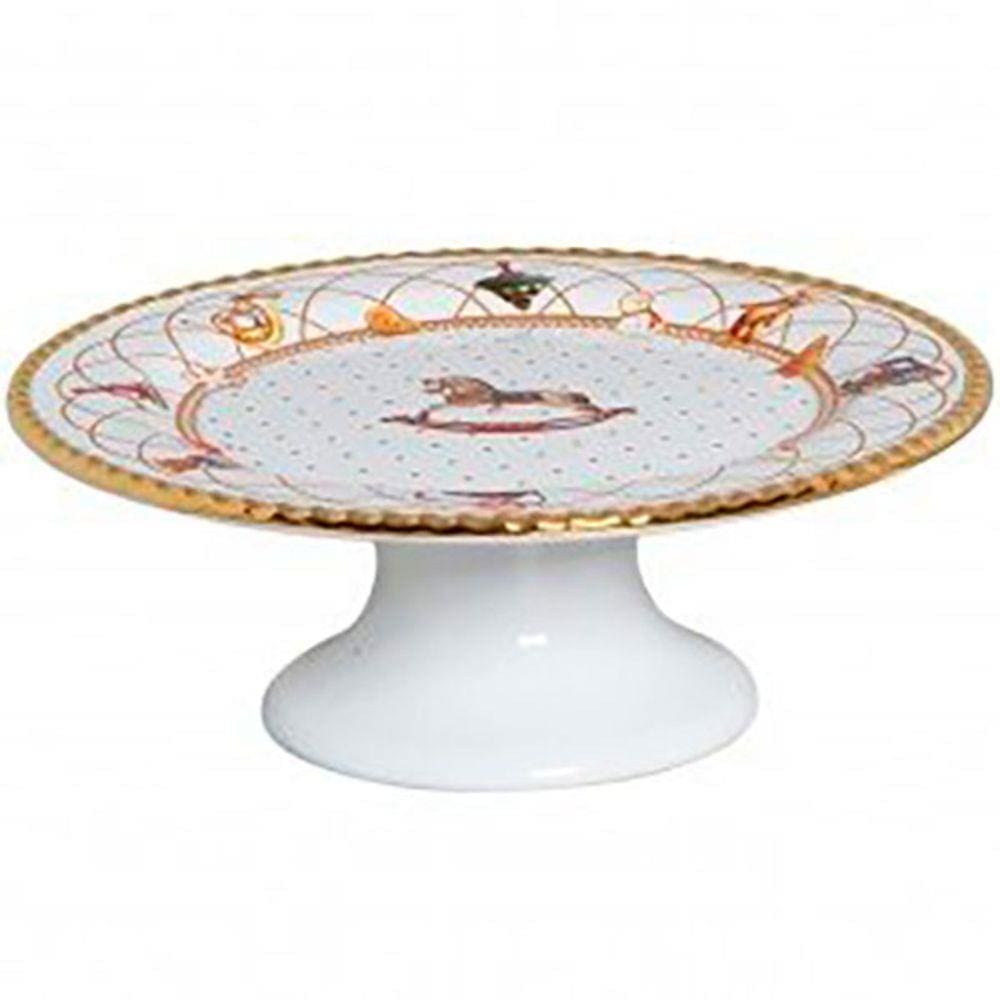 Prato de Bolo Ceramica c/Pé Toys Christmas c/Ouro 27x10cm