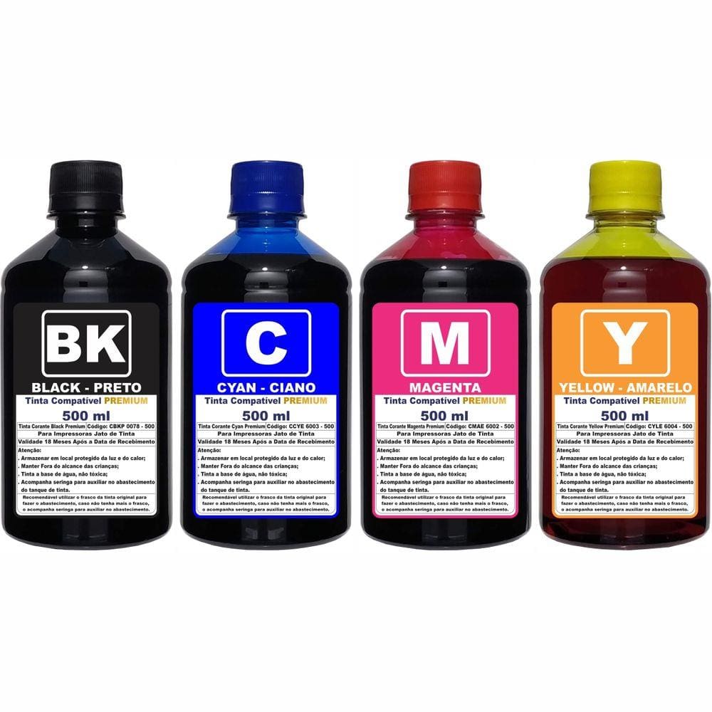 Kit 4 Garrafas 500ml Tinta Compatível Epson L3250 L3150 L3210 L3110 L5190 Refil 544