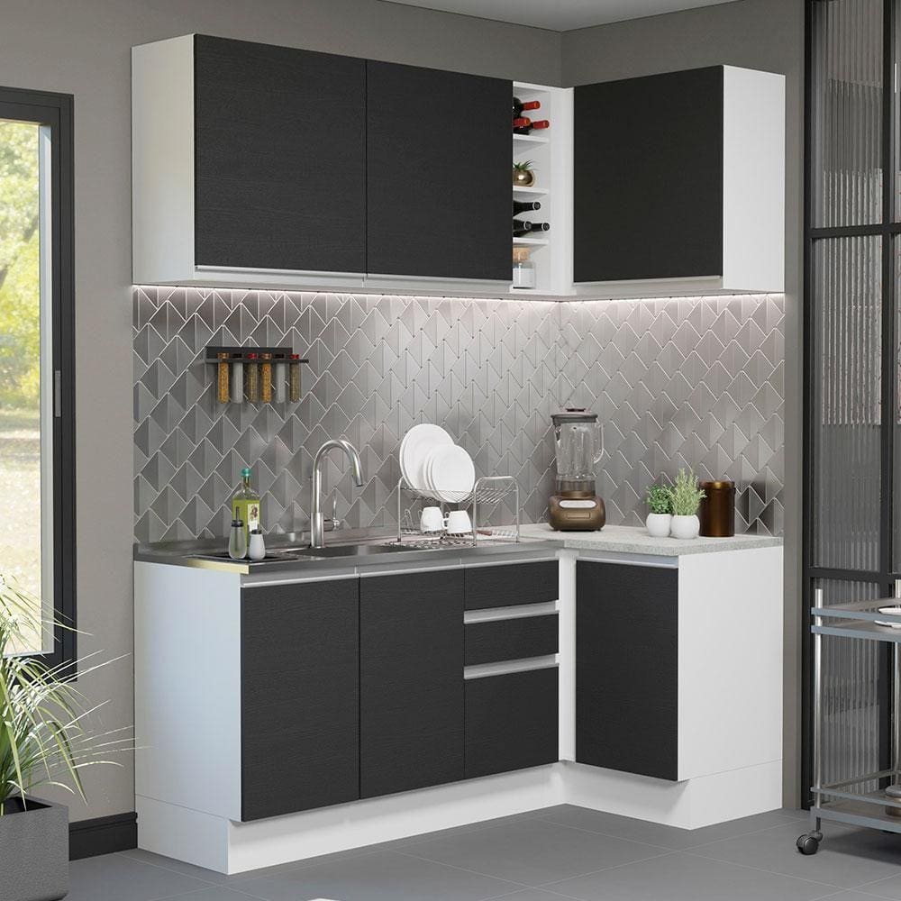 Cozinha Completa de Canto Madesa Glamy 269001 com Armário e Balcão (Sem Tampo e Pia) - Branco/Preto