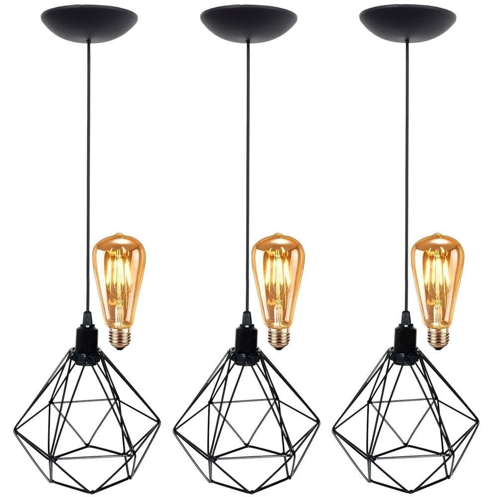 3 Pendentes Aramado Teto Diamante Luminária Lustre Retrô Balcão + Lâmpada Led ST64 Vintage