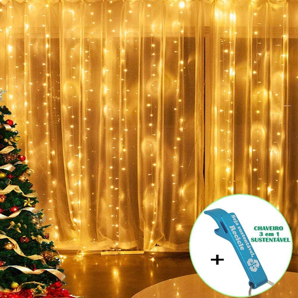 Cortina Led Fixa 500 Leds Branco Quente 110v + Chaveiro CBRN19229