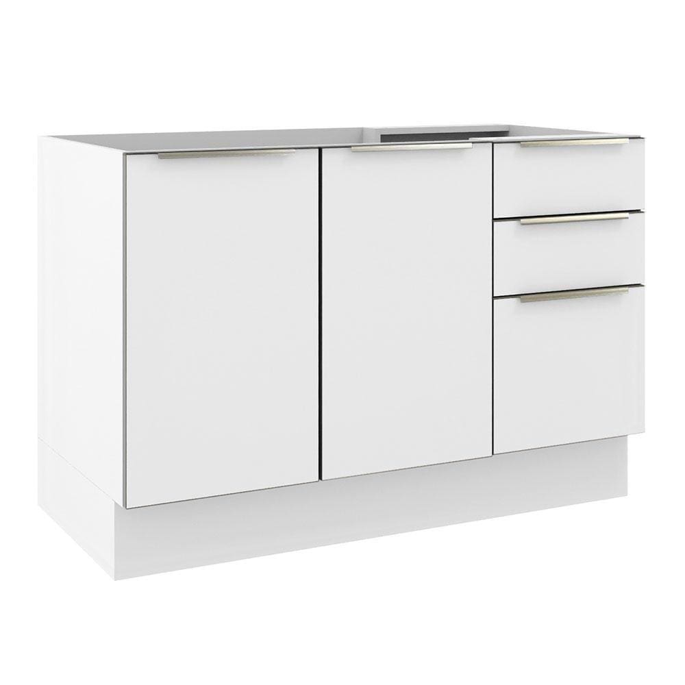 Balcão Gabinete de Pia Madesa Lux 120 cm 2 Portas 3 Gavetas (Sem Tampo) - Branco/Branco Veludo