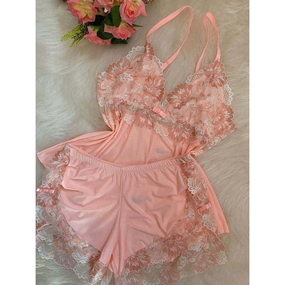 Baby Doll Luxo Nobre Com Renda Conjunto De Lingerie Pijama Feminino Flowers