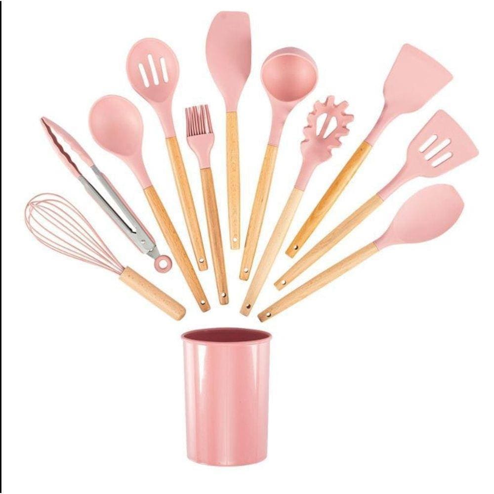 Kit De Utensílios De Cozinha 12 Peças Silicone Luxo Rosa