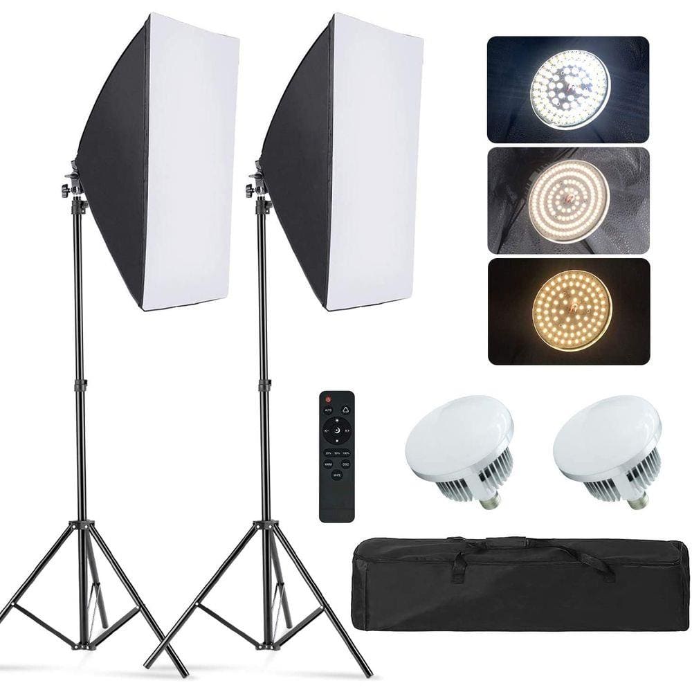 Kit de iluminação de estúdio com 2 softbox 50x70, 2 Lâmpadas de LED com ajuste de cor, 2 tripés e bolsa