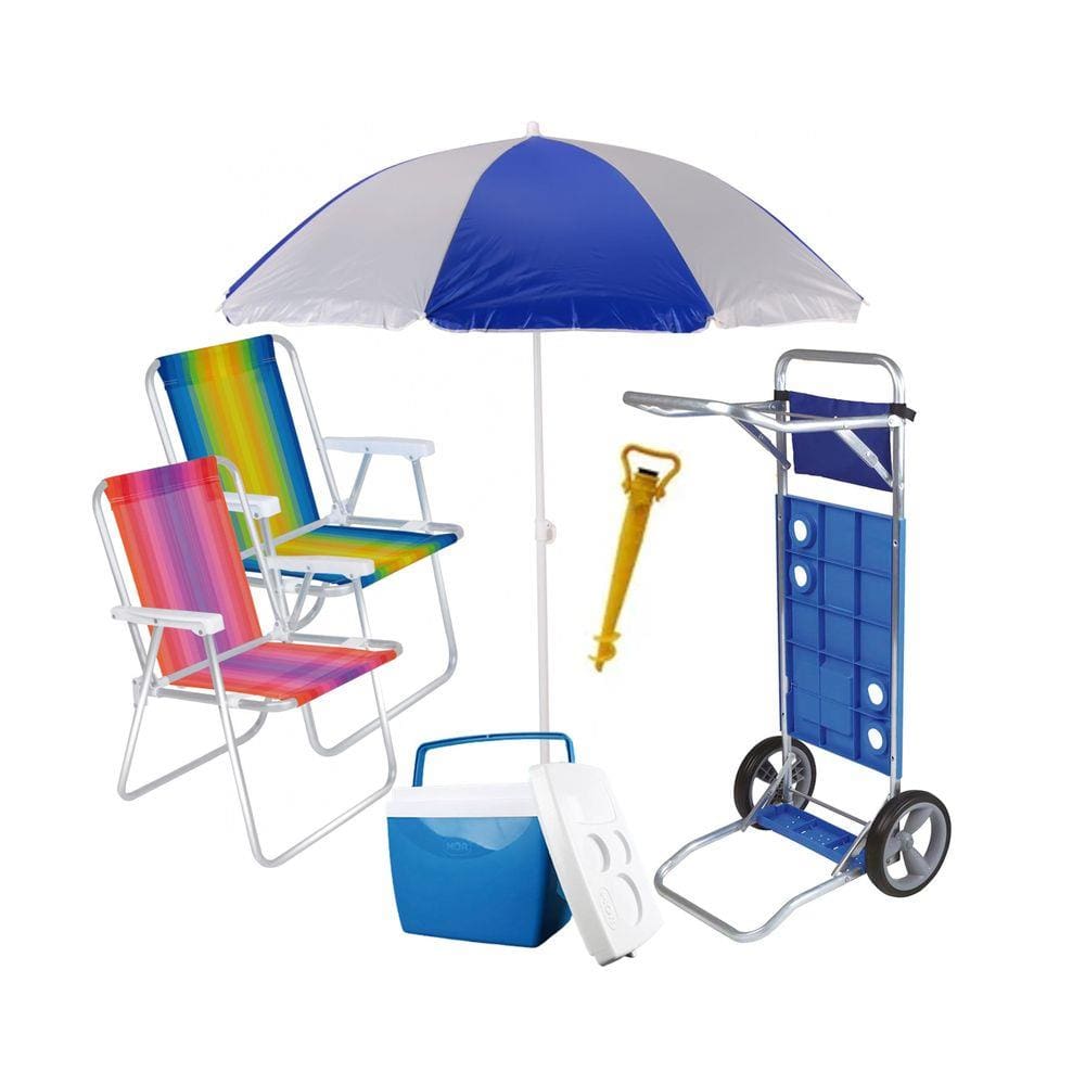 Kit Praia Carrinho Com Avanço + 2 Cadeira Alta + Guarda Sol + Caixa Térmica + Saca Areia - Mor