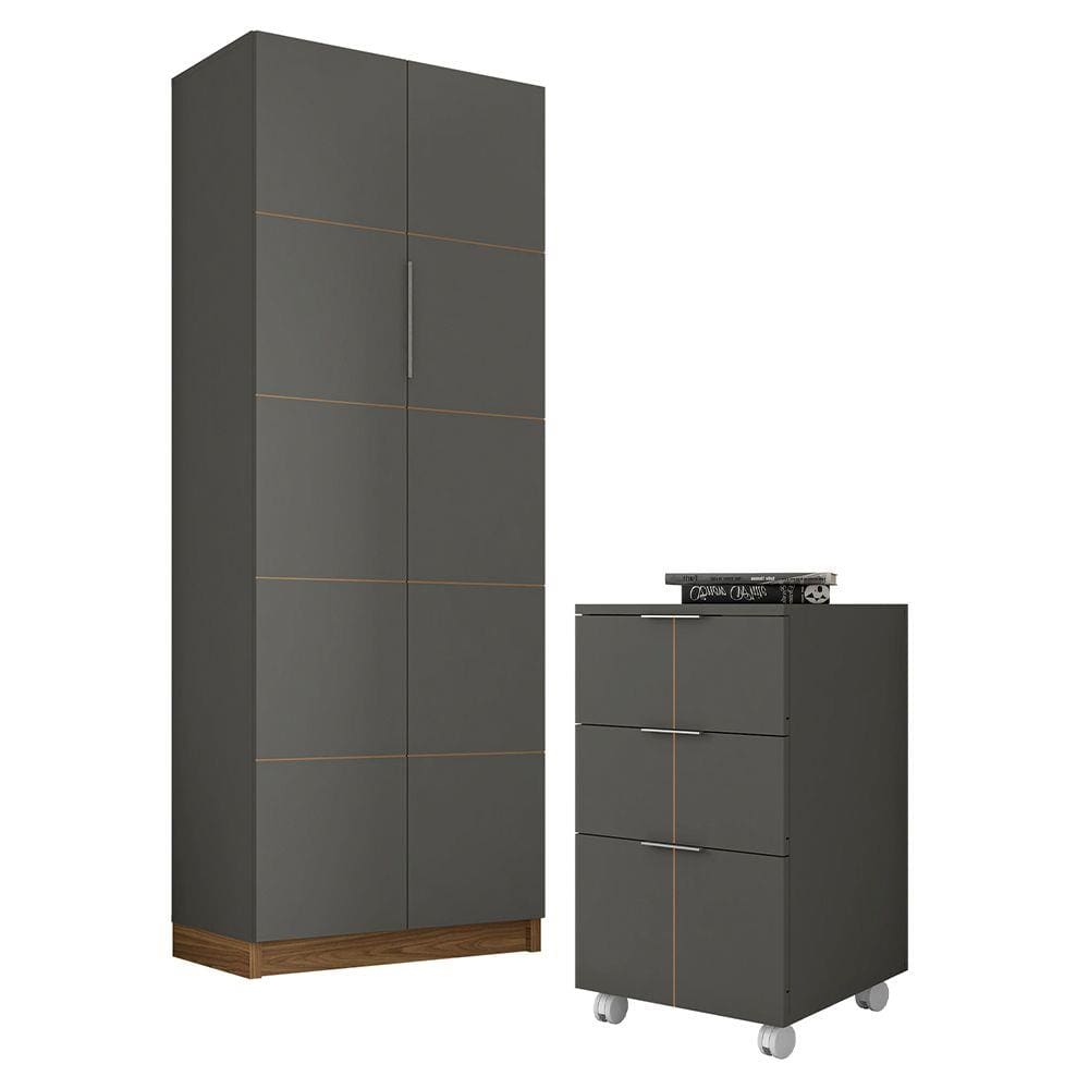 Kit Escritório Armário Alto Com Gaveteiro Cinza Caemmun