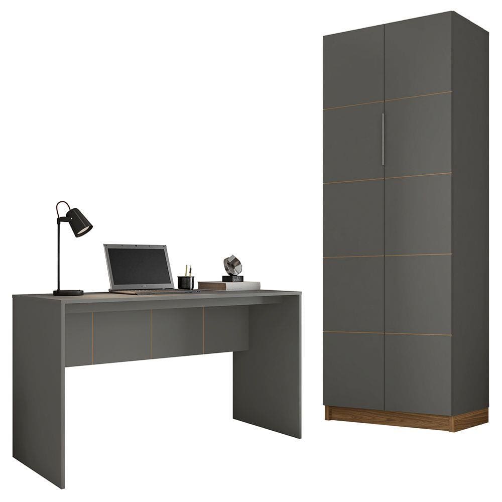 Kit Escritório Armário Alto Com Mesa Cubic Cinza Caemmun
