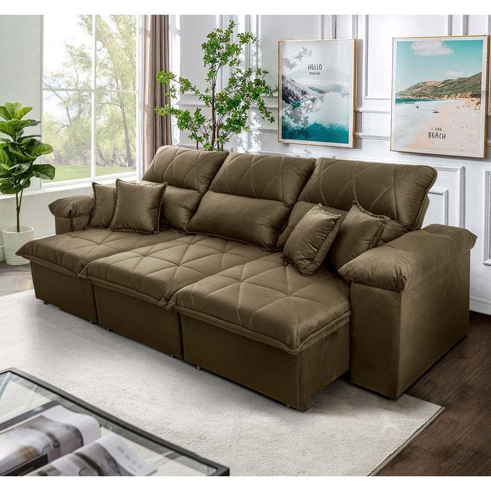 Sofá Retrátil Reclinável Trento 2,30m Suede Velut Bege c/ Molas no Assento - King House