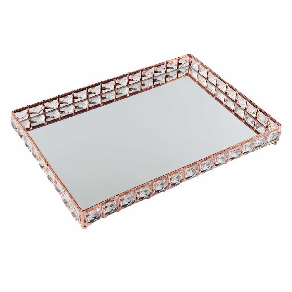 Bandeja Decorativa Retangular Rose Gold Cristal com Espelho 35cm KV0250 BTC