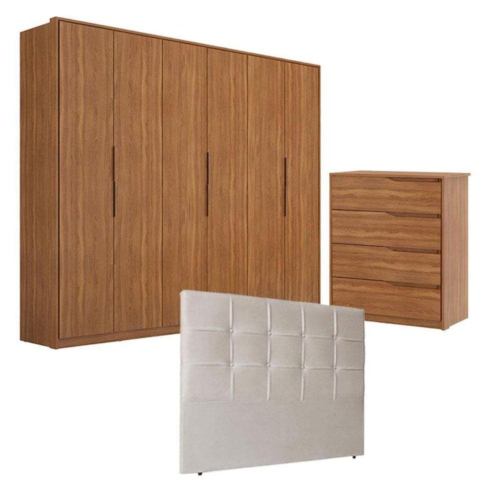 Guarda Roupa Atrice 6 Portas e Cômoda Atria Amêndola com Cabeceira Luiza 140 cm Marfim -  Demartêz