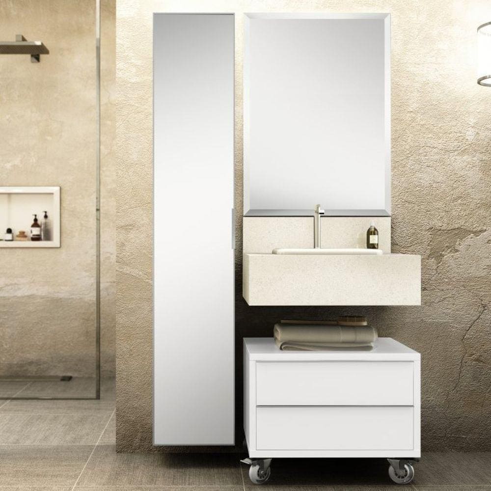 Conjunto de Banheiro Max 60cm com Espelho Bancada em Porcelanato, Gaveteiro e Armário Vertical Bumi Branco