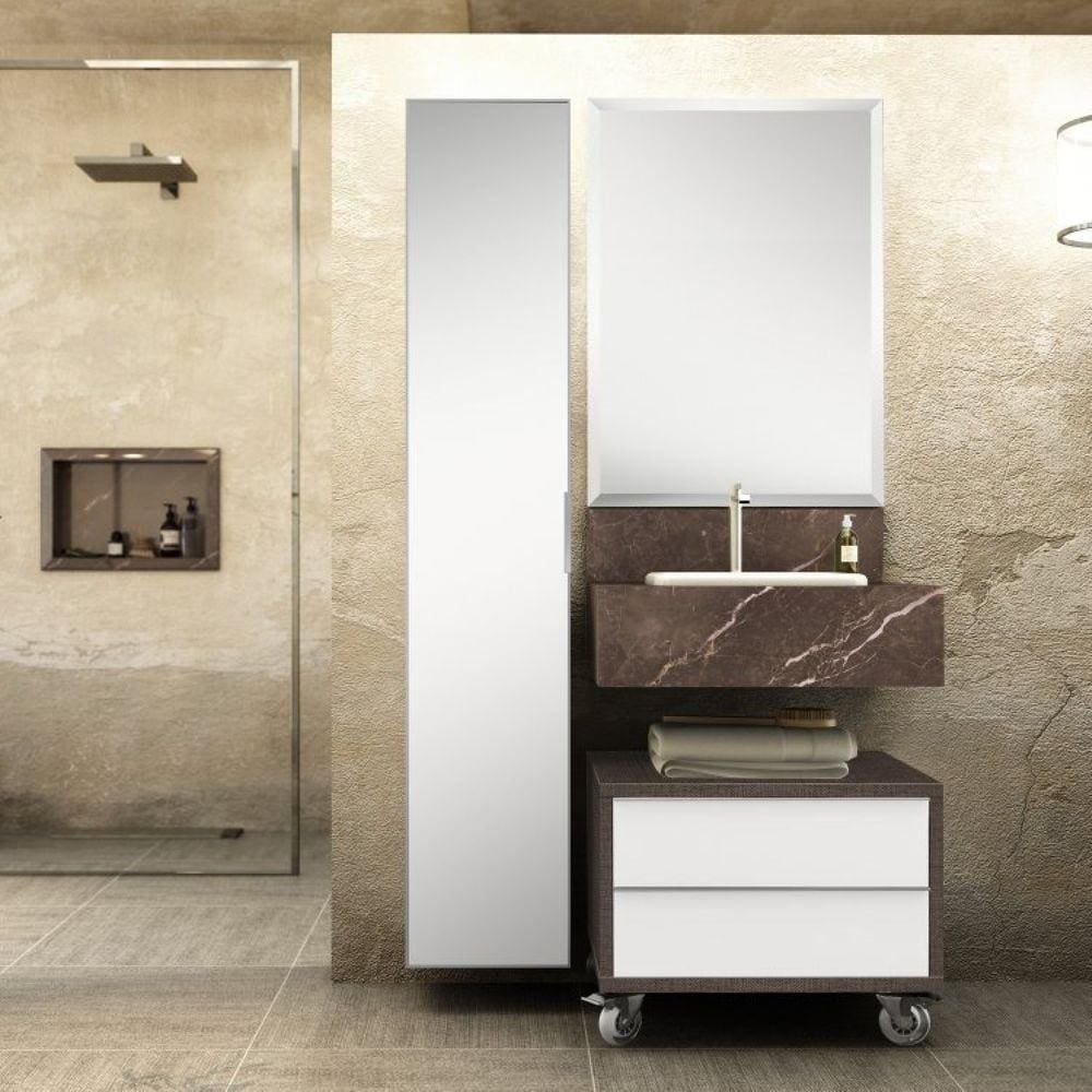 Conjunto de Banheiro Max 60cm com Espelho Bancada em Porcelanato, Gaveteiro e Armário Vertical Bumi Trufa