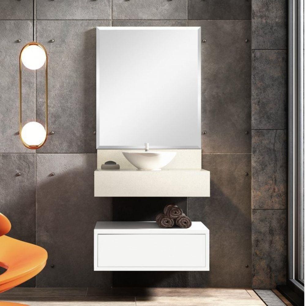 Conjunto para Banheiro Max 60cm com Espelho, Gaveteiro, Bancada em Porcelanato e Cuba de Apoio Bumi Branco