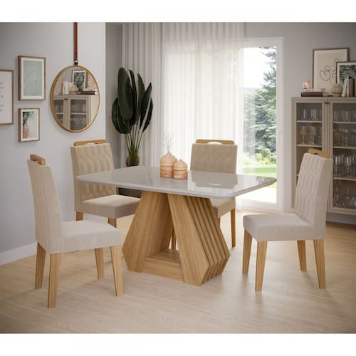 imagem-Conjunto Sala de Jantar Mesa Tampo de Vidro/MDF Agata e 4 Cadeiras Paola Cimol Nature/Off White/Nude - Marrom