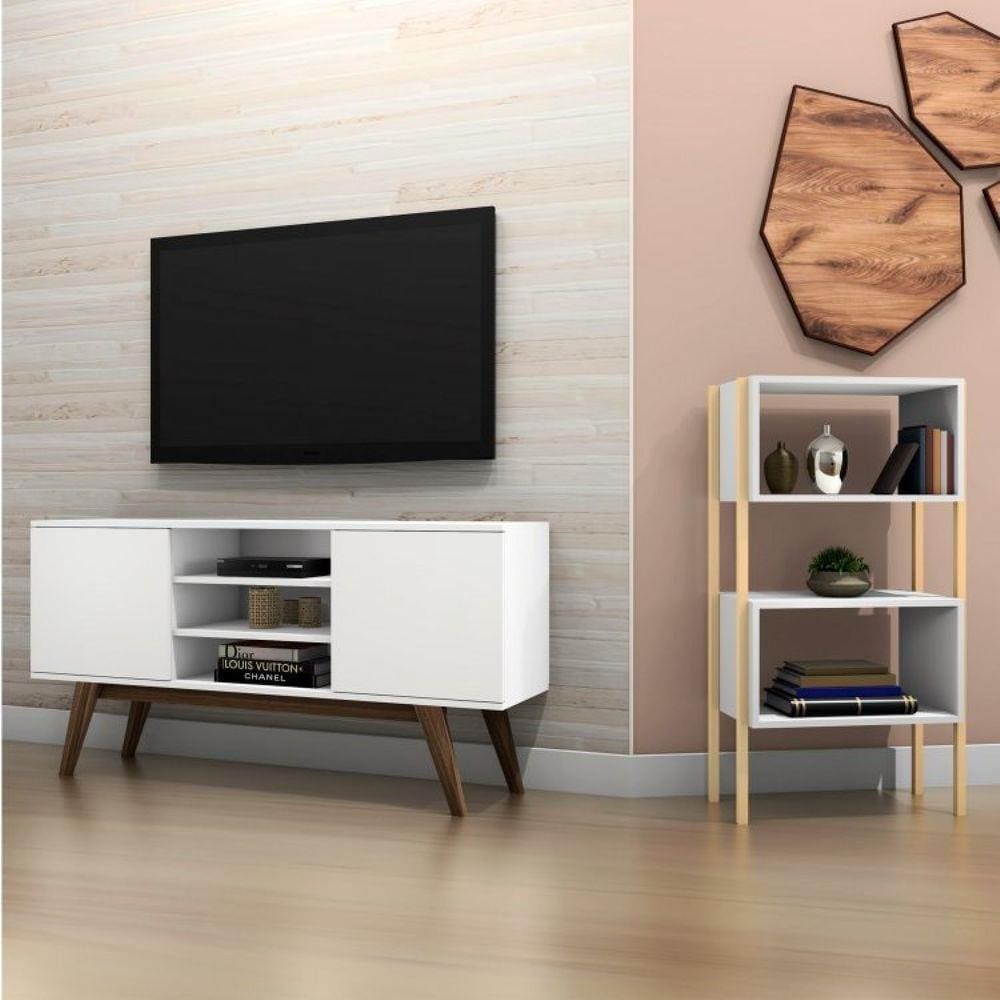 Conjunto para Sala de Estar com Rack para TV até 65 Polegadas e Estante Multiuso Estilare Branco