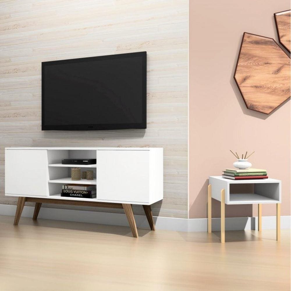 Conjunto para Sala de Estar com Rack para TV até 65 Polegadas e Mesa Lateral Estilare Branco