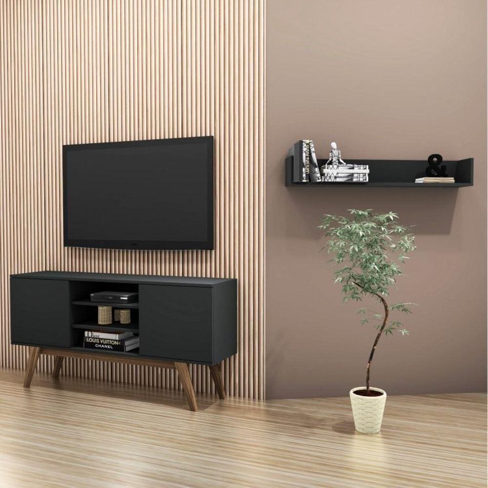 Conjunto para Sala de Estar com Rack para TV até 65 Polegadas e Prateleira Print Estilare Preto