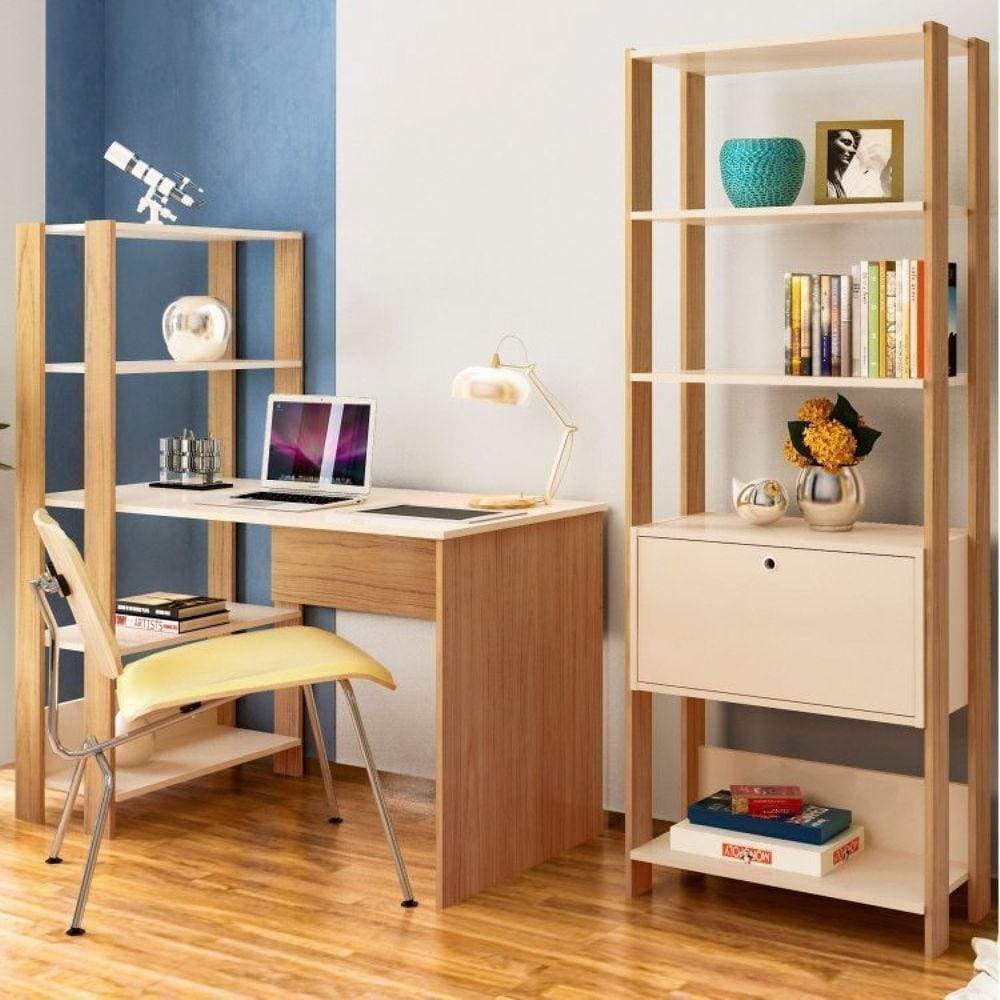 Conjunto Home Office 2 Peças Escrivaninha Match e Estante Artely Off White/Carvalho